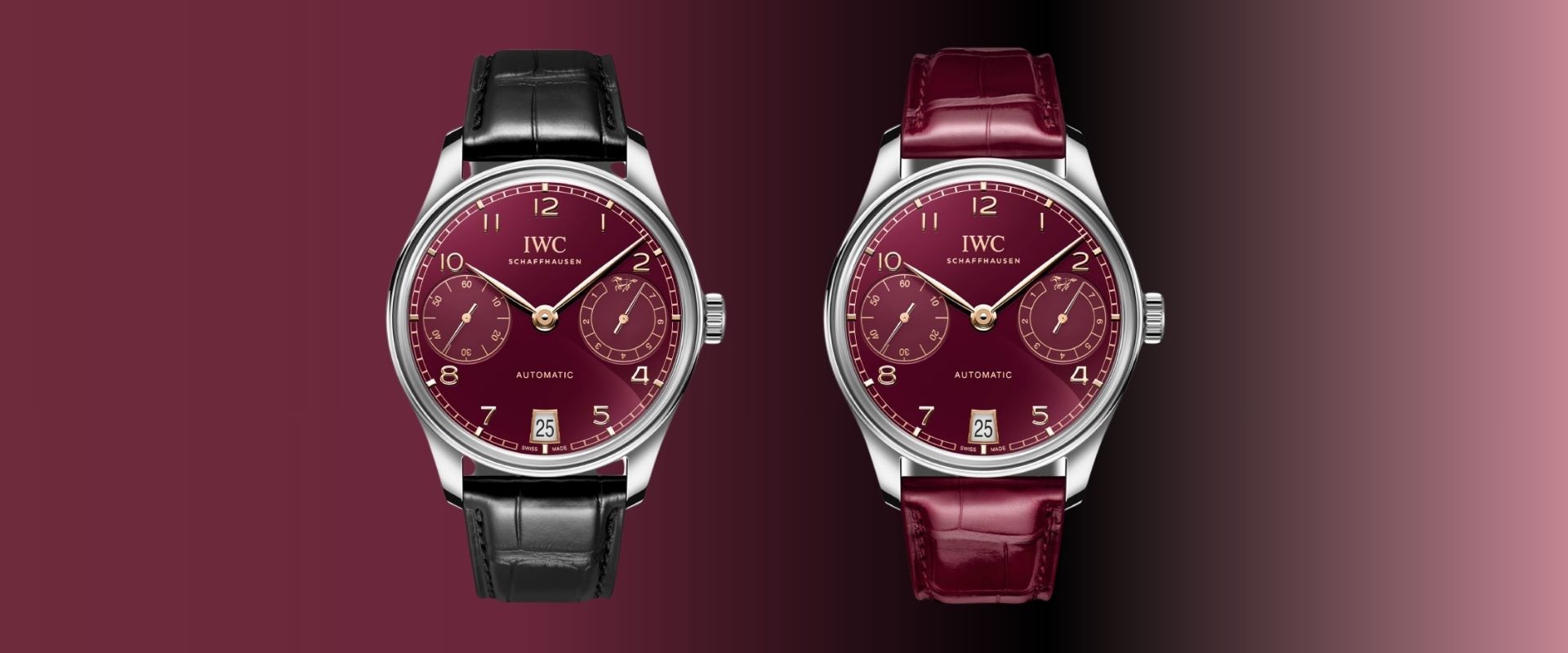 orologi IWC Portugieser Automatic 42 Year of the Horse a sinistra con pelle di alligatore nero e a destra cinturino in pelle di alligatore bordeax